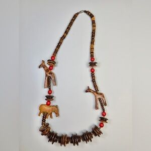 Vintage Carved Wood Giraffe Rhino Tribal Necklace Coconut Shell Boho